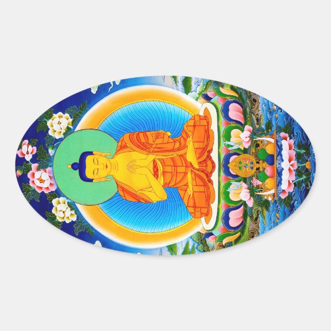 Cooler tibetischer Thangka Prabhutaratna Buddha Ovaler Aufkleber (Vorderseite)