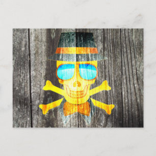 Cooler Totenkopf Brille Hut Holz grauer Hintergrun Postkarte