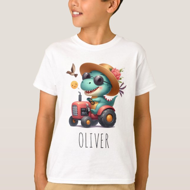Cooler Trex Dinosaurier Bauer mit rotem Traktor T-Shirt (Vorderseite)