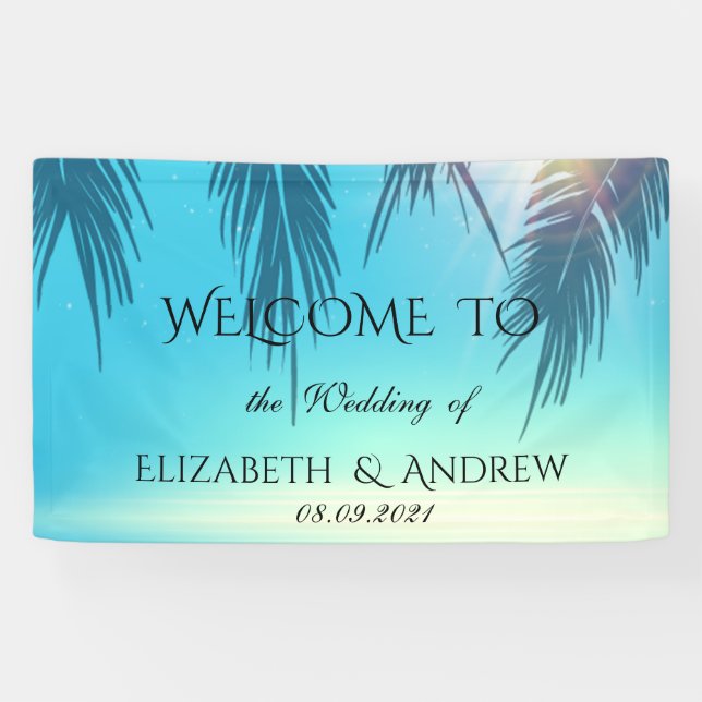 Cooler tropischer Strand, Palm Blue Wedding Banner (Horizontal)