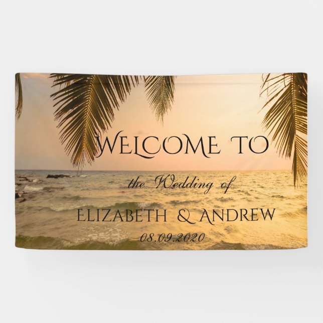Cooler tropischer Strand, Palm Sunset Wedding Bann Banner (Horizontal)