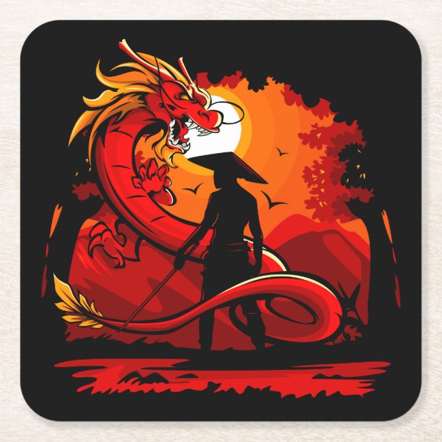 Cooler und farbenfroher Samurai-Krieger mit Dragon Rechteckiger Pappuntersetzer (Vorderseite)