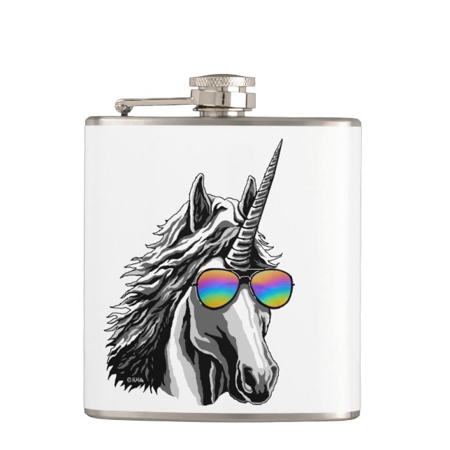 Cooler Unicorn mit Regenbogensonnenbrillen Flachmann (Vorderseite)