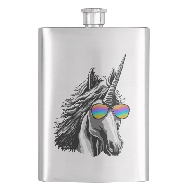 Cooler Unicorn mit Regenbogensonnenbrillen Flachmann (Vorderseite)
