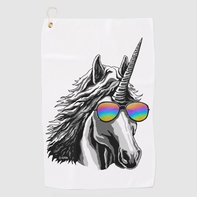 Cooler Unicorn mit Regenbogensonnenbrillen Golfhandtuch (Vorderseite)