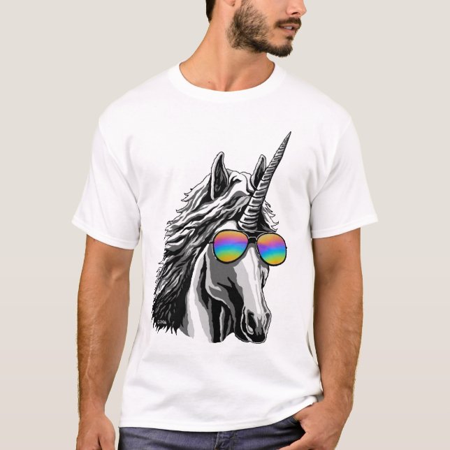 Cooler Unicorn mit Regenbogensonnenbrillen T-Shirt (Vorderseite)