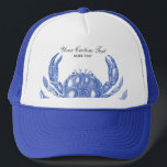 Cooler Vintager blaue Truckerkappe<br><div class="desc">Feiern Sie den Sommer, den Ozean und den Strand mit diesem Vintagen nautischentwurf der blauen Krabbe. Eine rustikale gravierte Illustration der blauen Krabbe ist Set gegen einen tan Leinen-aussehenden Hintergrund. Addieren Sie Ihren kundenspezifischen Text - Monogramm, Familienname, Strandhausname, das Jahr hergestellt, usw. - oder, wenn Sie bevorzugen, löschen Sie einfach...</div>