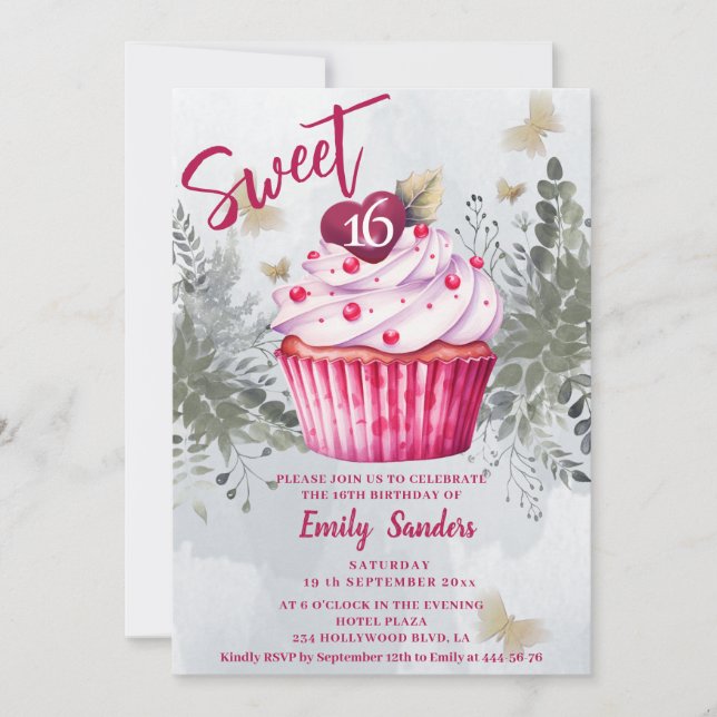 Cooler Vintager Wasserfarben-Cupcake Einladung (Vorderseite)