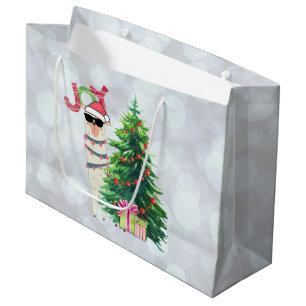 Cooler Weihnachtslama   Joy Typografy   Bokeh Back Große Geschenktüte