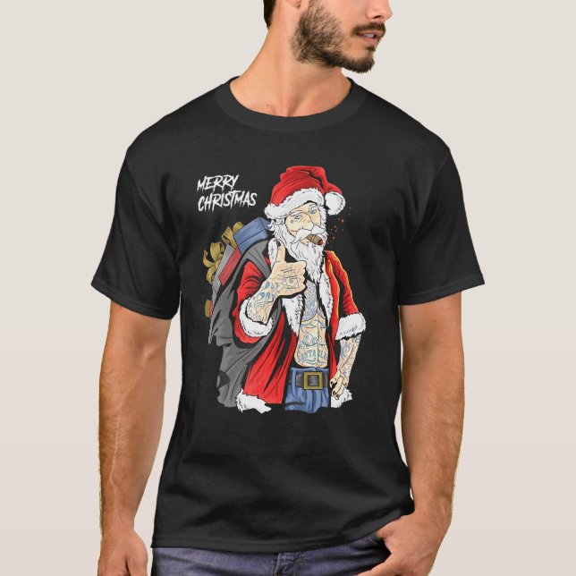 Cooler Weihnachtsmann mit Brillen und rauchenden Z T-Shirt (Vorderseite)