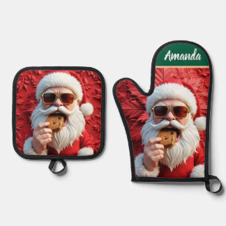 Cooler Weihnachtsmann Ofenhandschuh & Topflappen-Set