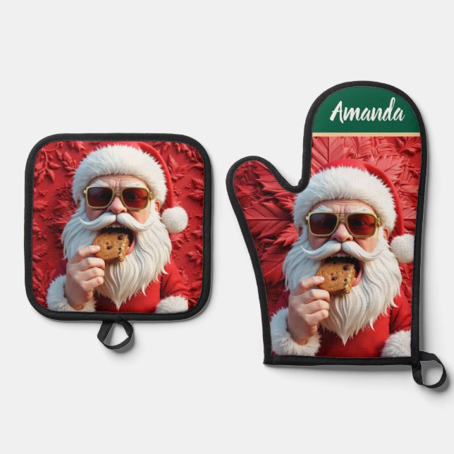 Cooler Weihnachtsmann Ofenhandschuh & Topflappen-Set (Vorderseite)