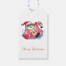 Cooler Weihnachtsmann, rosa Flamingos, Beach Bokeh