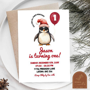 Cooler Winterroter Pinguin erster Geburtstag Junge Einladung