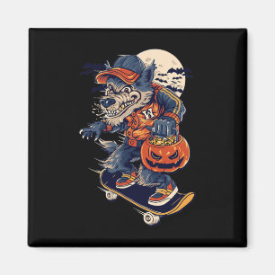Cooler Wolf beim Skateboardfahren mit einem Hallow Magnet