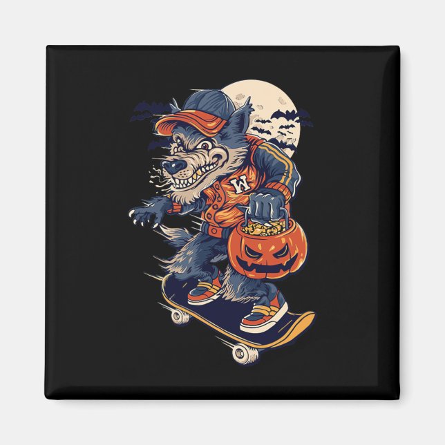 Cooler Wolf beim Skateboardfahren mit einem Hallow Magnet (Vorne)