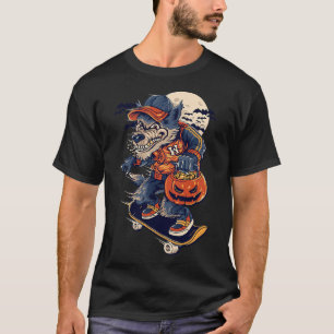 Cooler Wolf beim Skateboardfahren mit einem Hallow T-Shirt