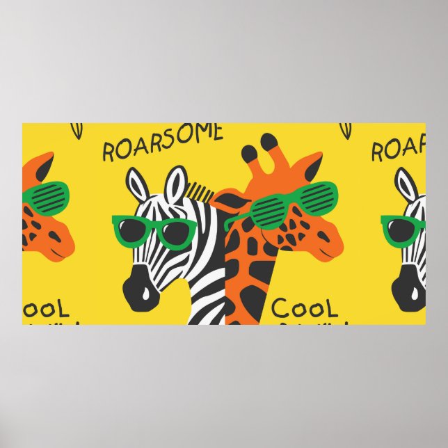 Cooler Zebra und Giraffe mit Brille auf gelb b Poster (Vorne)