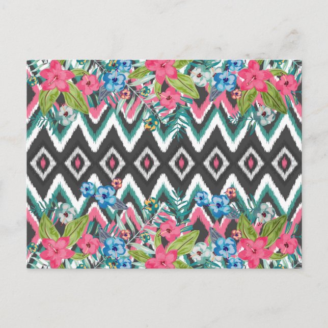 Cooler Zickzack Ikat-Stamm Aztec tropischer Blumen Postkarte (Vorderseite)