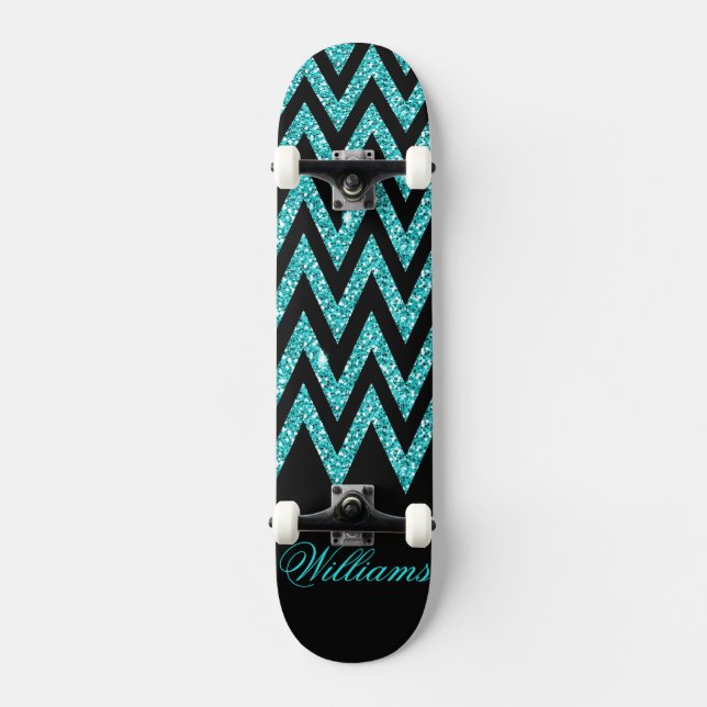 Cooler Zickzack Zickzackpfauenblauer Imitat Glitze Skateboard (Vorderseite)