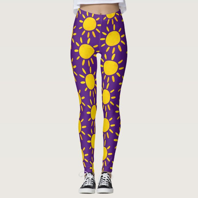 Cooles Abstrakt-Gelbes Sommersonnenmuster Lila Leggings (Vorderseite)