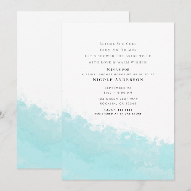 Cooles Aqua Blue Wave Splash Beach Brautparty Einladung (Vorne/Hinten)