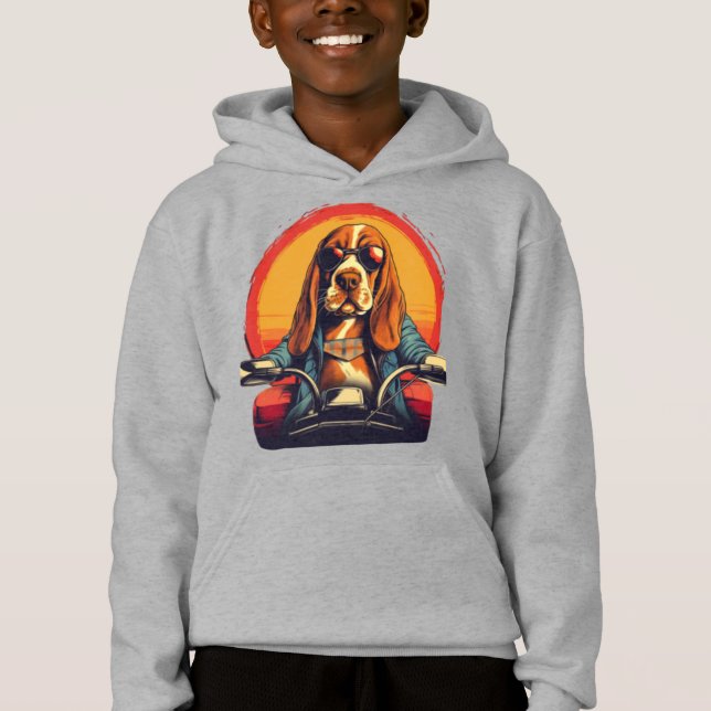 Cooles Basset-Hundbiker bei Sonnenuntergang Hoodie (Vorderseite)