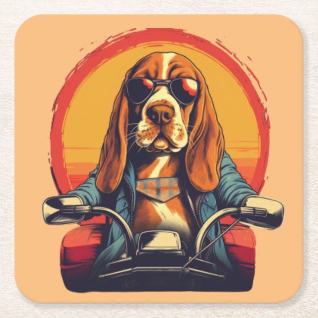 Cooles Basset-Hundbiker bei Sonnenuntergang Rechteckiger Pappuntersetzer (Vorderseite)