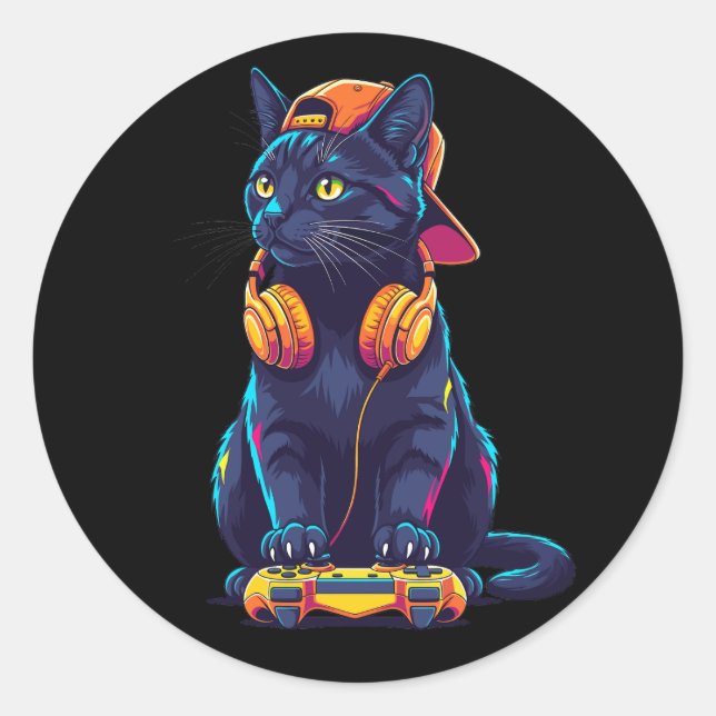 Cooles Black Cat Gamer Halloween Spooky Design Runder Aufkleber (Vorderseite)