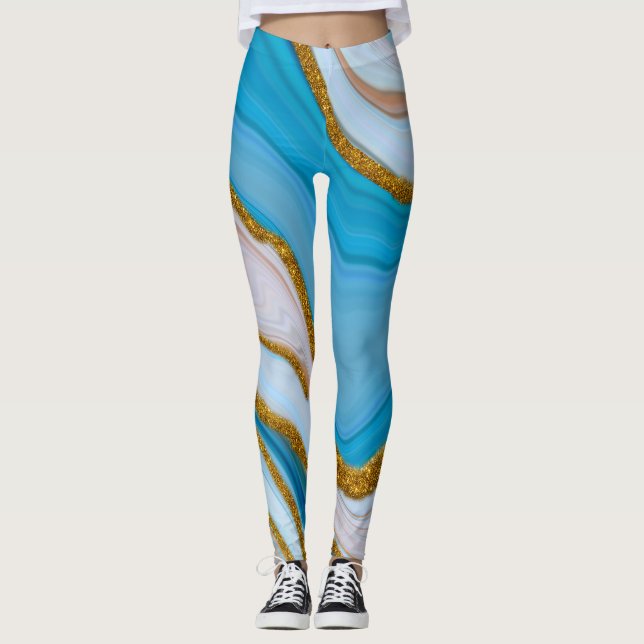Cooles Blau und Goldmarmor Look Yoga Leggings (Vorderseite)