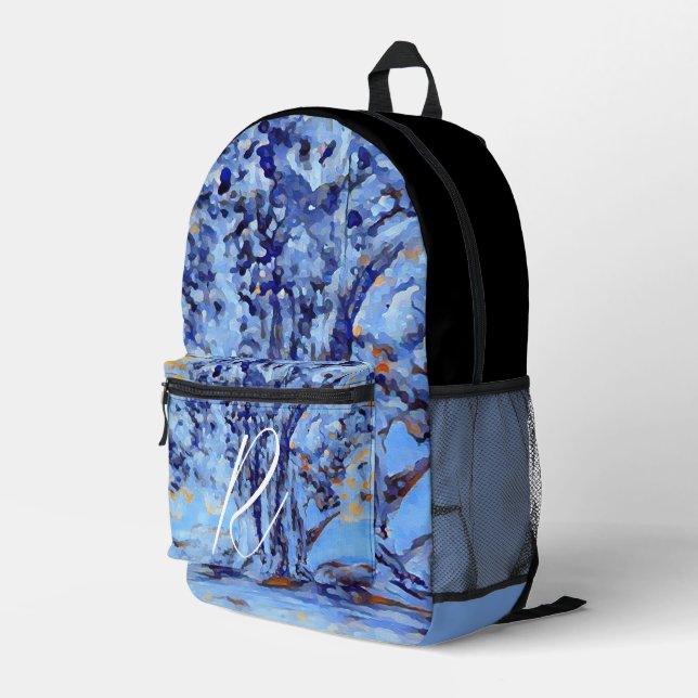 Cooles Blauer Schneebaummalerei Mit Monogramm Bedruckter Rucksack (Rückseitige Ecke Rechts)