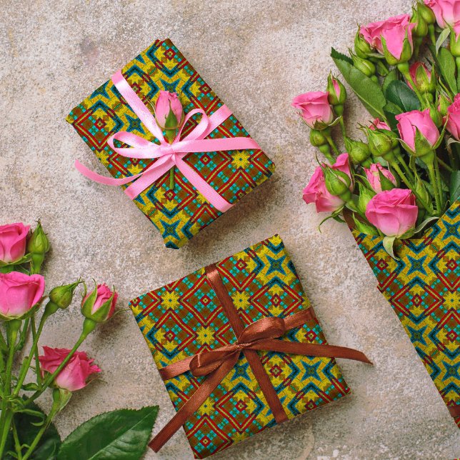 Cooles blaues gelbes Retro geometrisches Ethnic Tr Geschenkpapier (Von Creator hochgeladen)