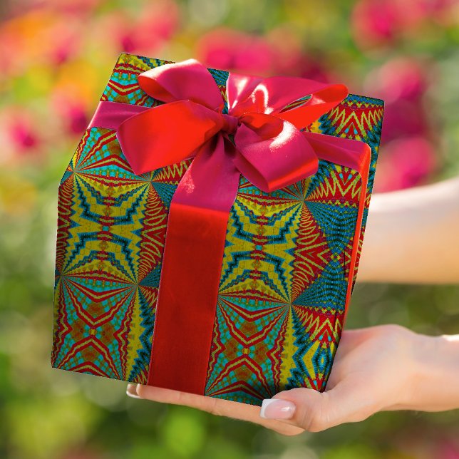 Cooles blaues gelbes Retro geometrisches Ethnic Tr Geschenkpapier (Von Creator hochgeladen)