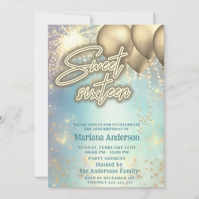 Cooles blaues Goldballon-Funkfeuerwerk Einladung (Vorderseite)