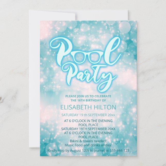 Cooles Blue-Script-Pool-Party buchen Geburtstag Einladung (Vorderseite)