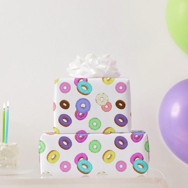 Cooles, buntes Donuts-Muster weiß Geschenkpapier (Partygeschenke)