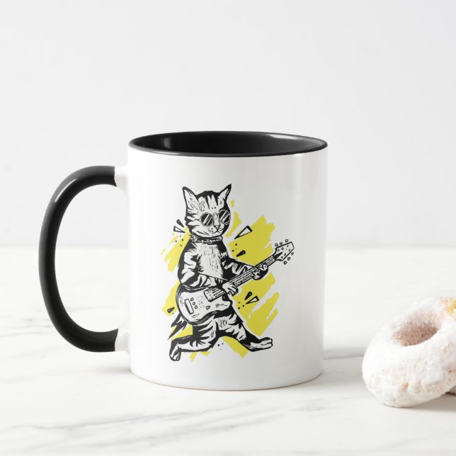 Cooles Cat Playing Electric Guitar Tasse (Mit Donut)