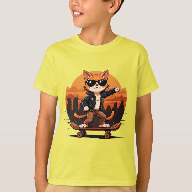 Cooles Cat Riding Skateboard T-Shirt (Vorderseite)