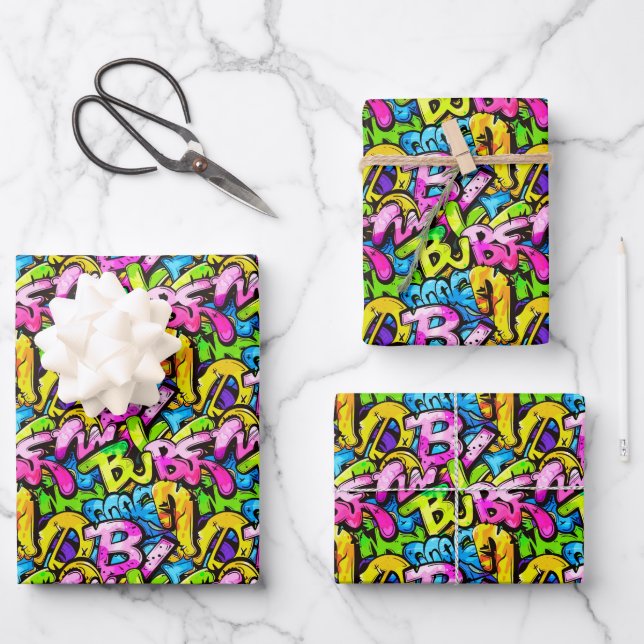 Cooles Comic-Graffiti-Kachel-Muster  Geschenkpapier Set (Vorderseite)
