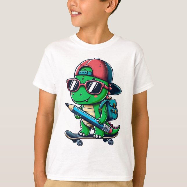 Cooles Dino-Skateboarding Zurück zu Schulkunst T-Shirt (Vorderseite)