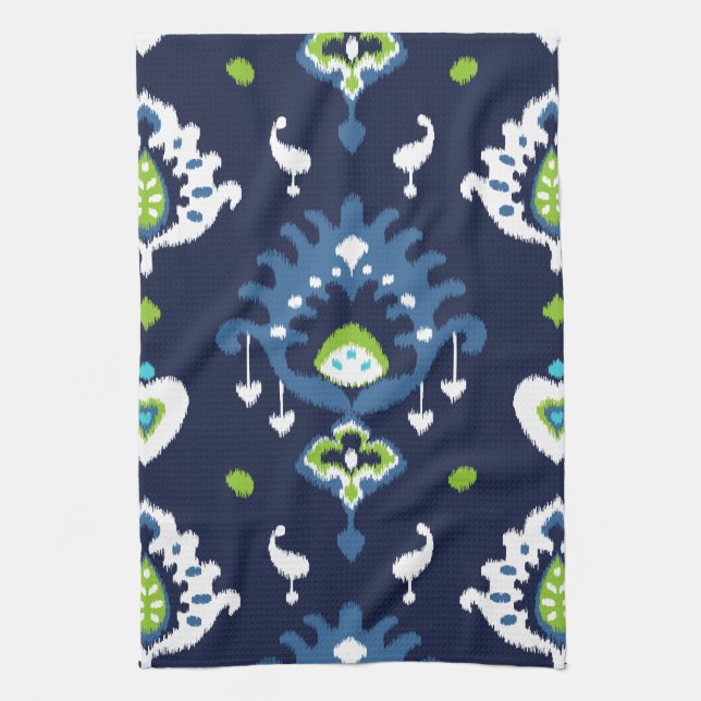 Cooles dunkles Marineblau und grünes Stammes- ikat Küchentuch (Vertikal)