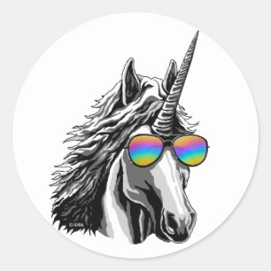 Cooles Einhorn mit Regenbogensonnenbrille Runder Aufkleber