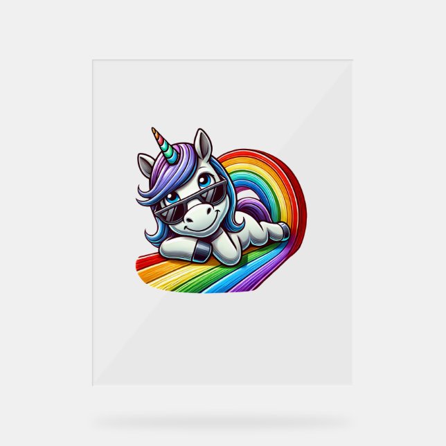 Cooles Einhorn mit Sonnenbrille auf Rainbow Long S Acrylschild (Vorderseite)