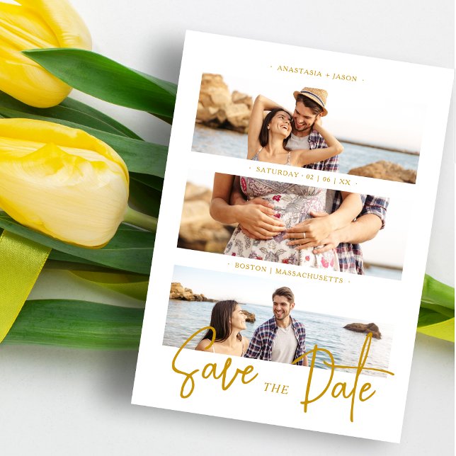 Cooles Fake Golden Romantic Wedding 3 Multi-Fotos Save The Date (Von Creator hochgeladen)
