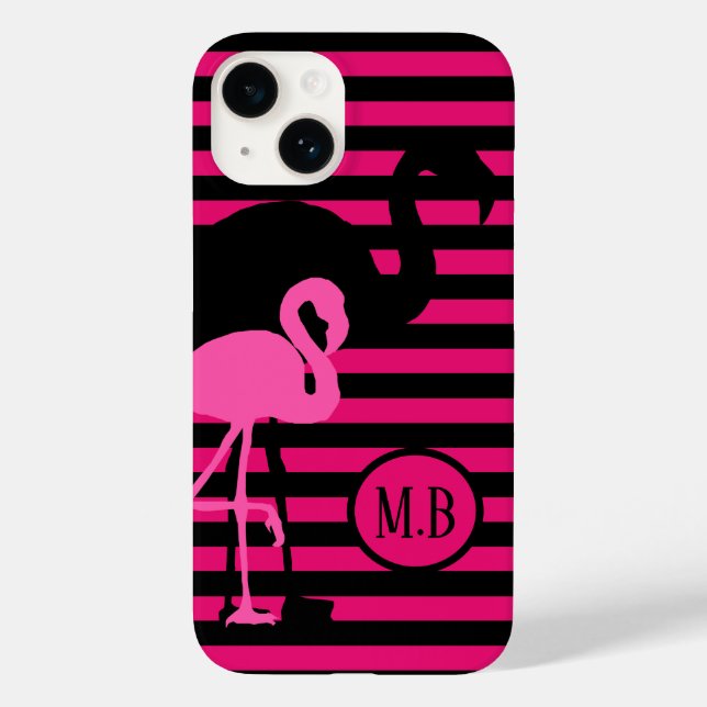 Cooles Flamingo Schwarz/Rosa Streifen Monogramm Case-Mate iPhone Hülle (Rückseite)