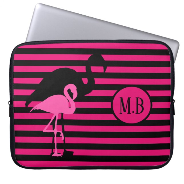 Cooles Flamingo Schwarz/Rosa Streifen Monogramm Laptopschutzhülle (Vorderseite)