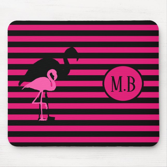 Cooles Flamingo Schwarz/Rosa Streifen Monogramm Mousepad (Vorne)