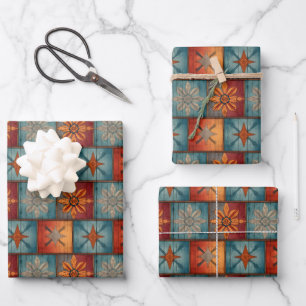 Cooles, gekacheltes Retro-Western-Muster Geschenkpapier Set