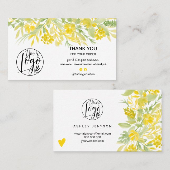 Cooles gelbes, florales Logo, vielen Dank Visitenkarte (Vorne/Hinten)