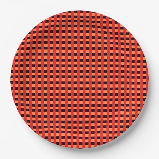 Cooles Gingham Orange-, Rot- und Schwarz-Muster Pappteller (Vorderseite)